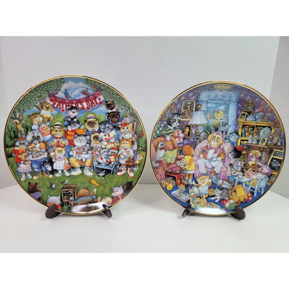 Franklin Mint Bill Bell Purrfect Pops Purrfect Mom Cat Plates Set of 2 COA 8"
